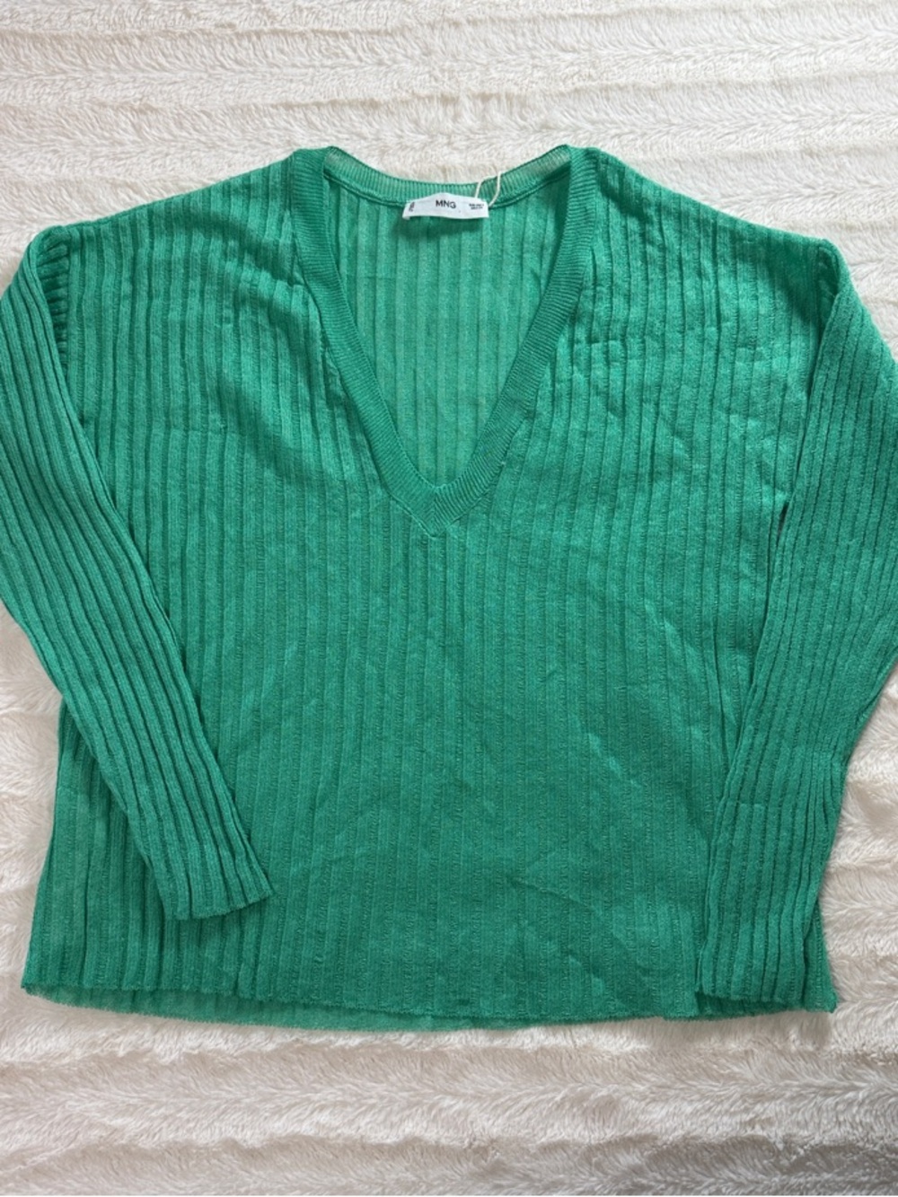 Mango Emerald Green Ribbed V-Neck Sweater Size Small New w/ Snags